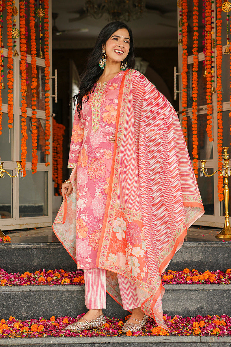 Pink Cotton Blend Floral Printed Straight Kurta Trousers With Dupatta VKSKD2405
