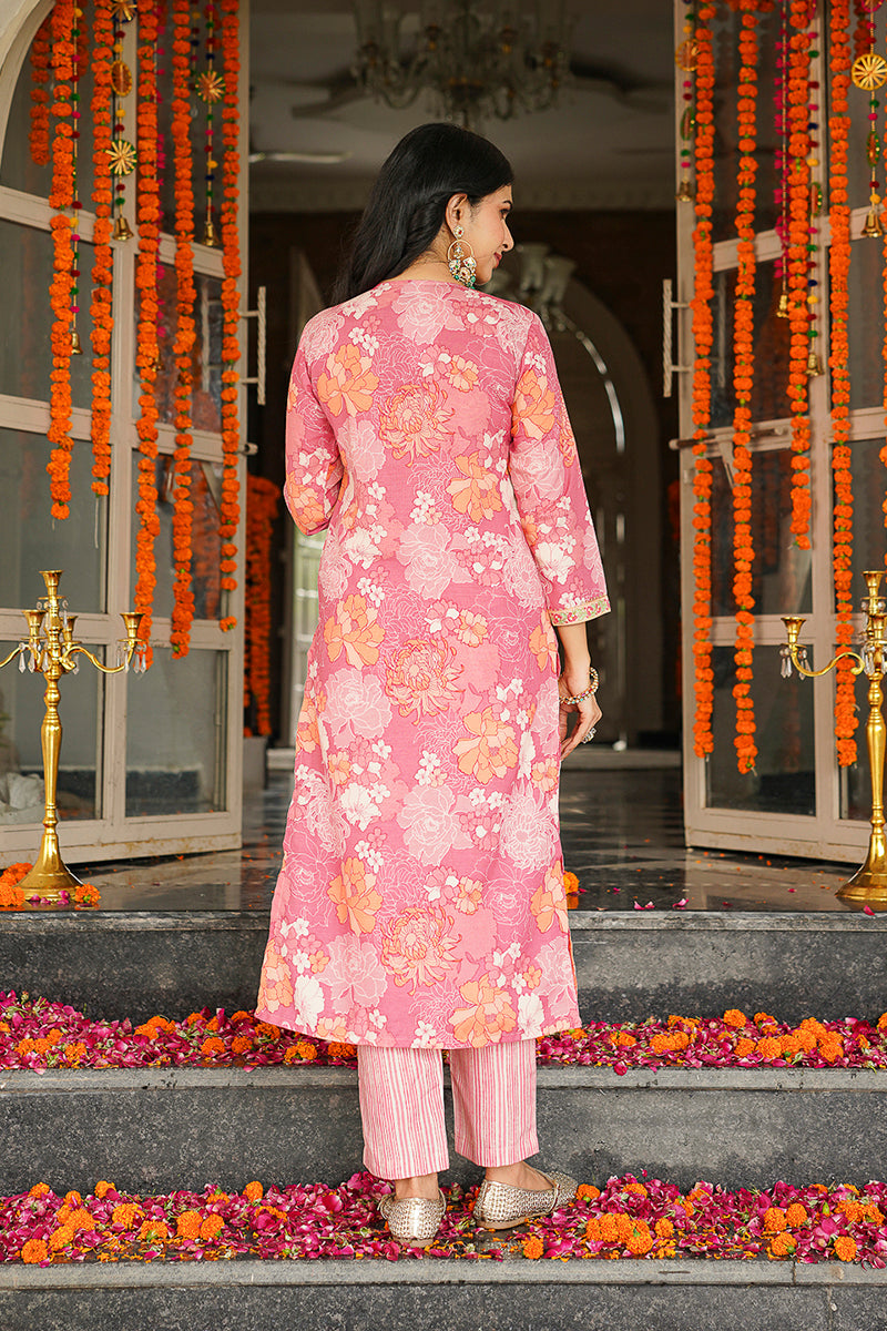 Pink Cotton Blend Floral Printed Straight Kurta Trousers With Dupatta VKSKD2405