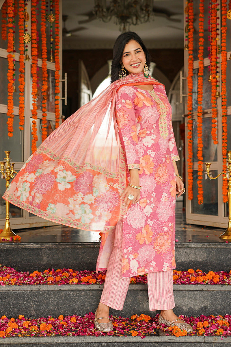 Pink Cotton Blend Floral Printed Straight Kurta Trousers With Dupatta VKSKD2405