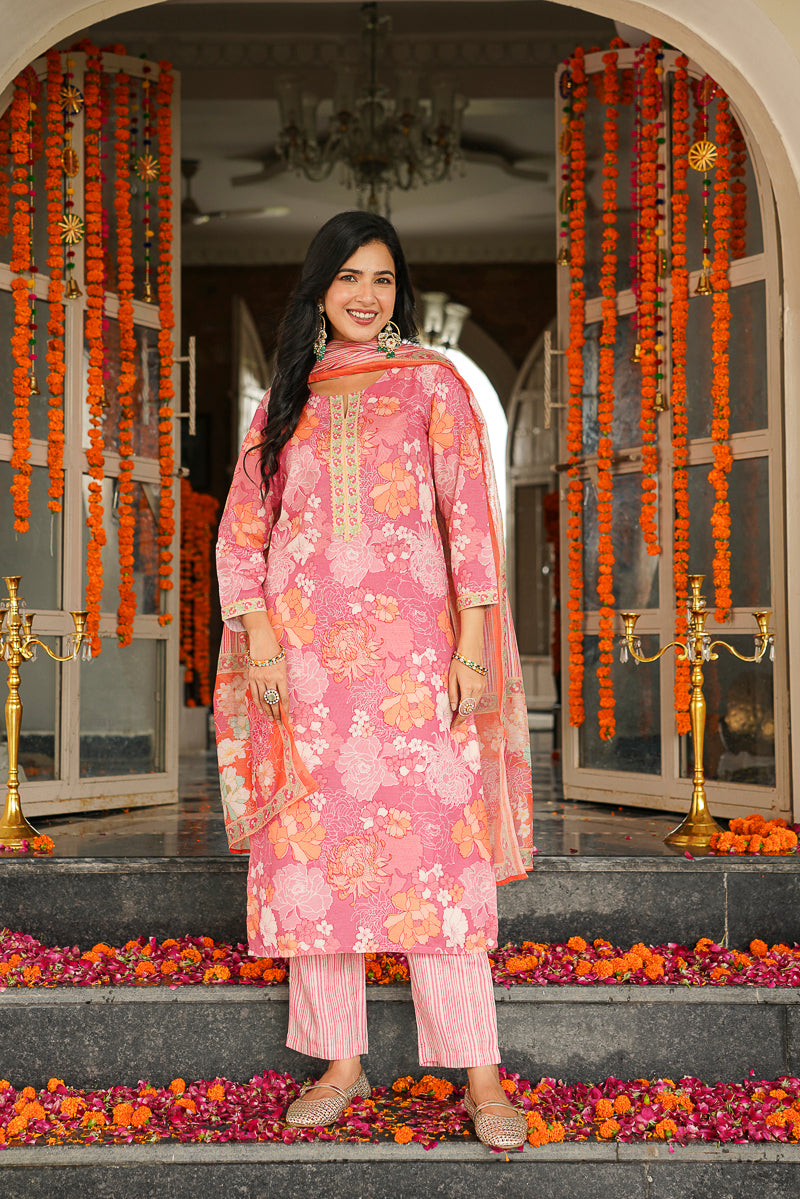 Pink Cotton Blend Floral Printed Straight Kurta Trousers With Dupatta VKSKD2405