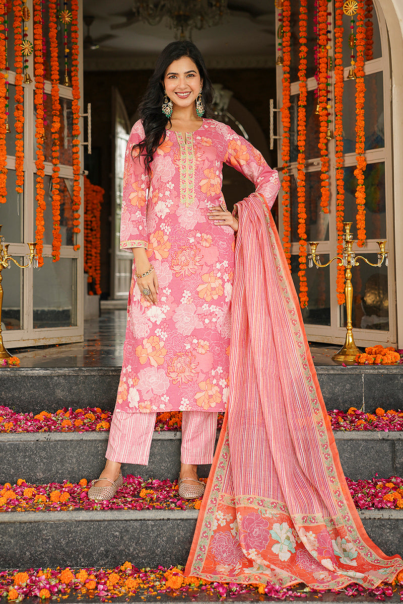 Pink Cotton Blend Floral Printed Straight Kurta Trousers With Dupatta VKSKD2405