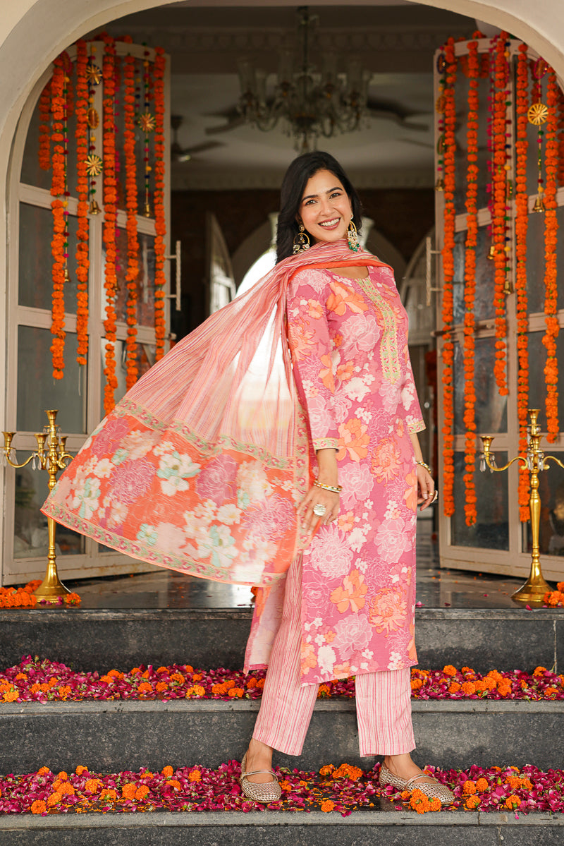 Pink Cotton Blend Floral Printed Straight Kurta Trousers With Dupatta VKSKD2405