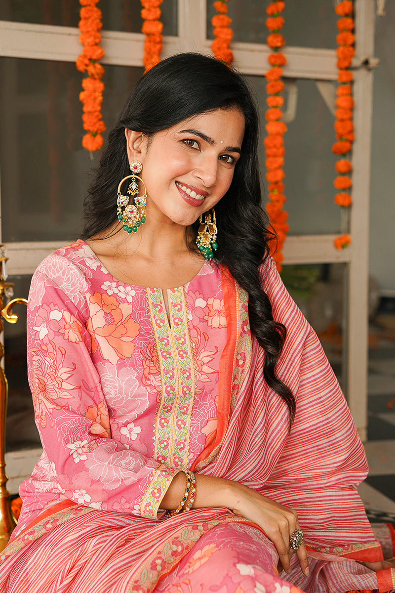 Pink Cotton Blend Floral Printed Straight Kurta Trousers With Dupatta VKSKD2405