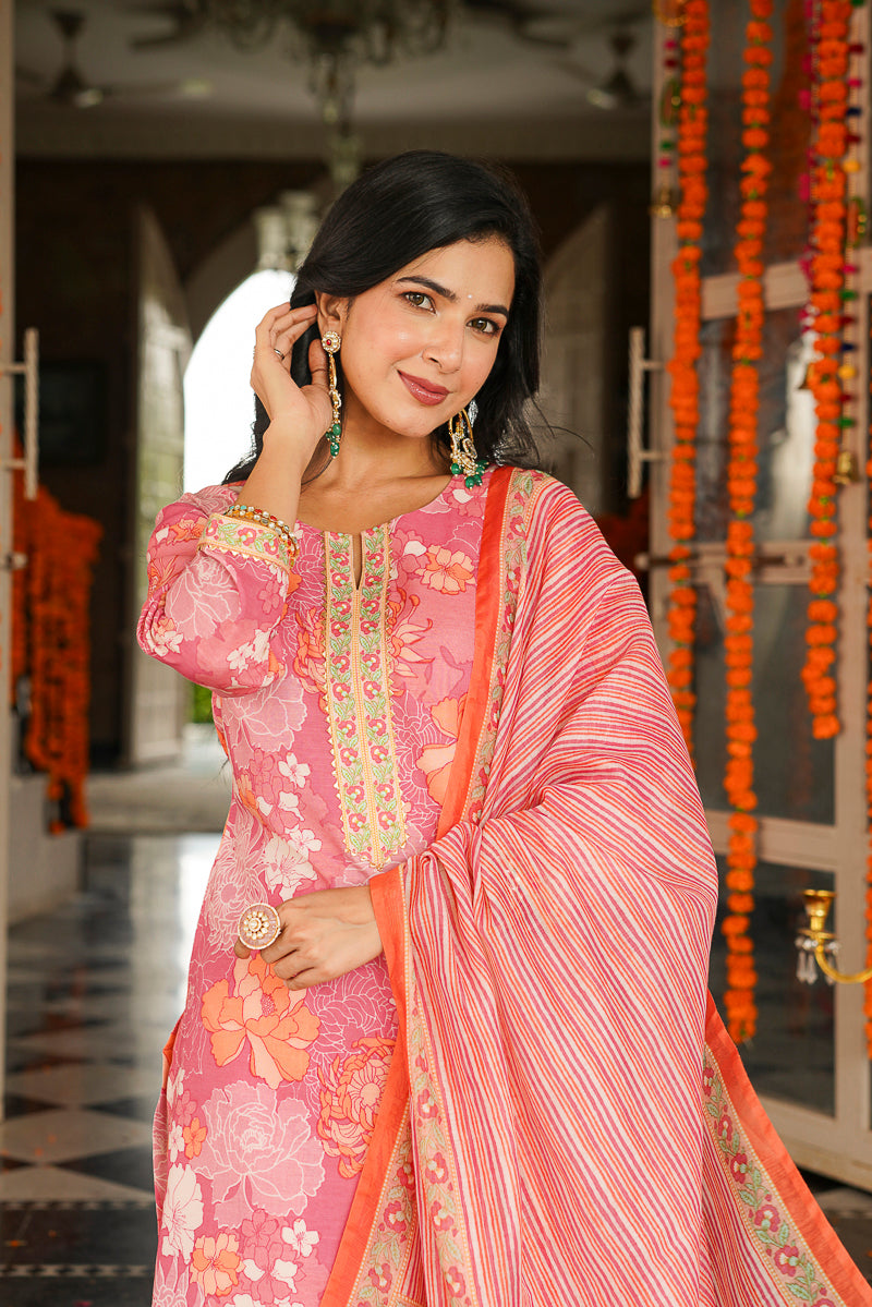 Pink Cotton Blend Floral Printed Straight Kurta Trousers With Dupatta VKSKD2405