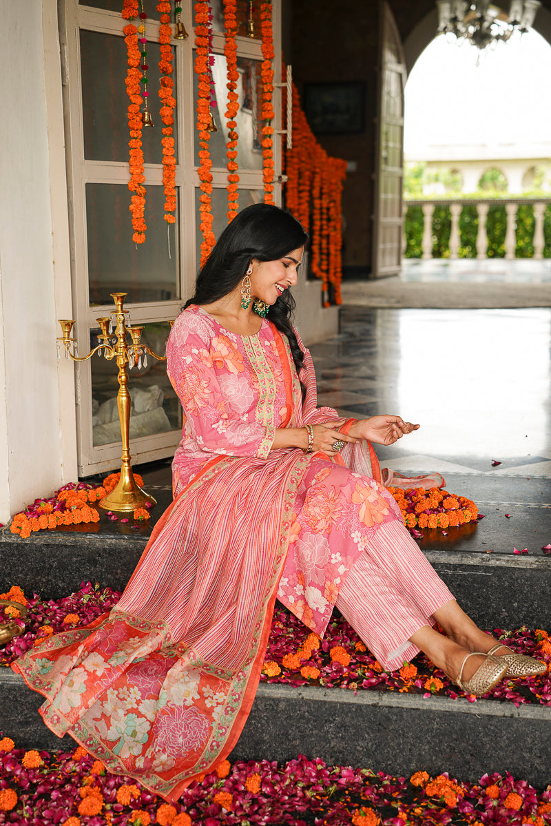 Pink Cotton Blend Floral Printed Straight Kurta Trousers With Dupatta VKSKD2405