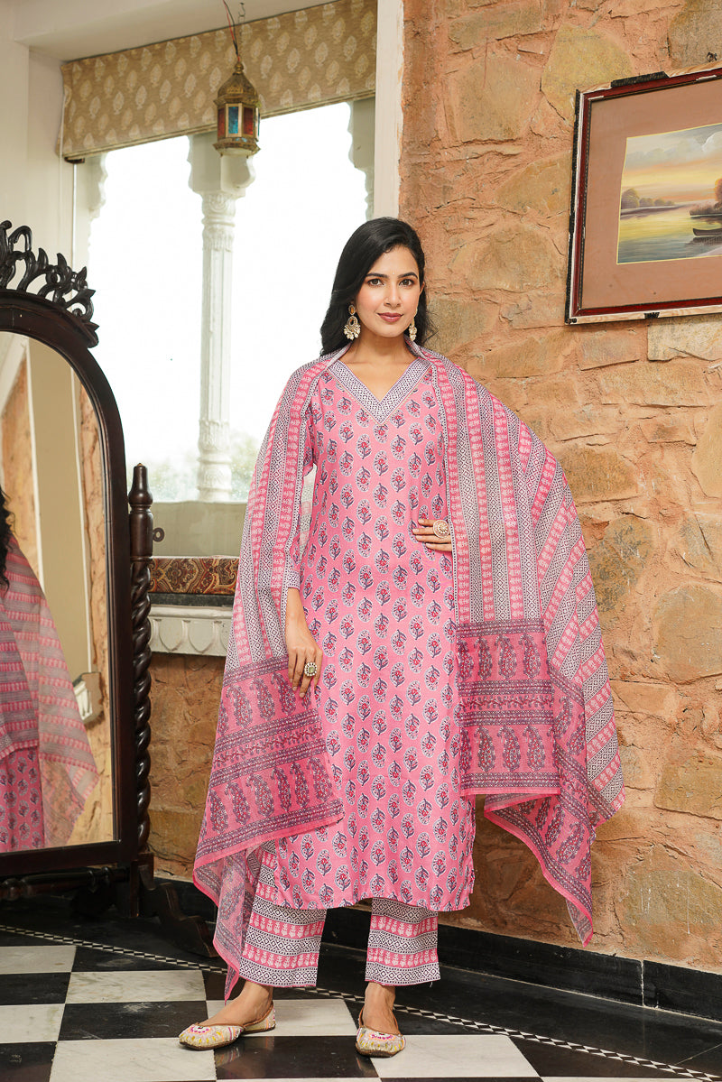 Pink Cotton Blend Ethnic Motifs Printed Straight Kurta Trousers With Dupatta VKSKD2406
