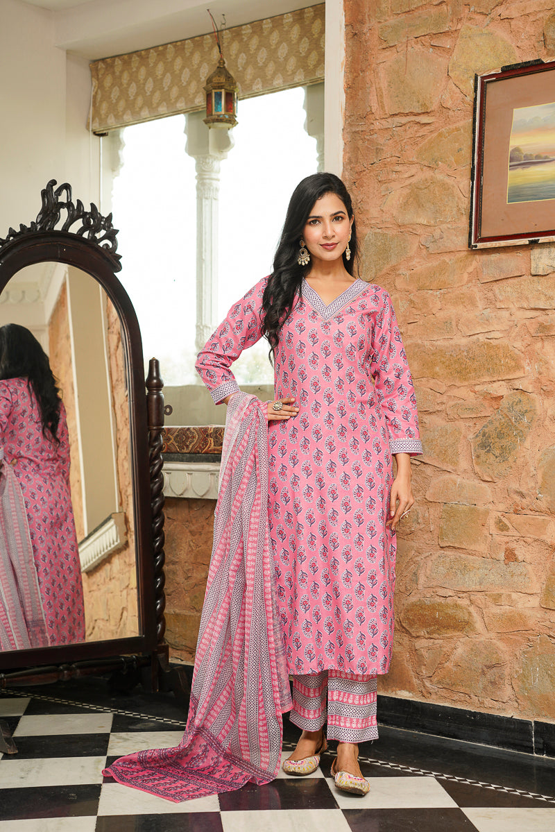 Pink Cotton Blend Ethnic Motifs Printed Straight Kurta Trousers With Dupatta VKSKD2406