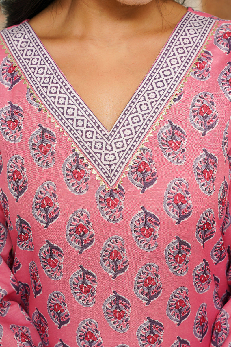 Pink Cotton Blend Ethnic Motifs Printed Straight Kurta Trousers With Dupatta VKSKD2406
