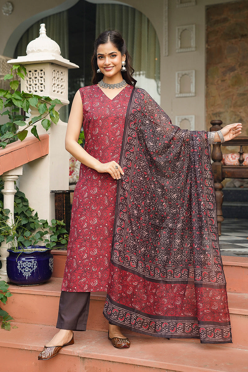 Maroon Cotton Blend Printed Straight Kurta Trousers With Dupatta VKSKD2408