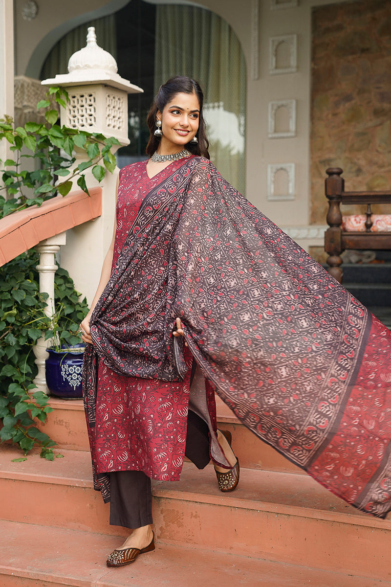 Maroon Cotton Blend Printed Straight Kurta Trousers With Dupatta VKSKD2408