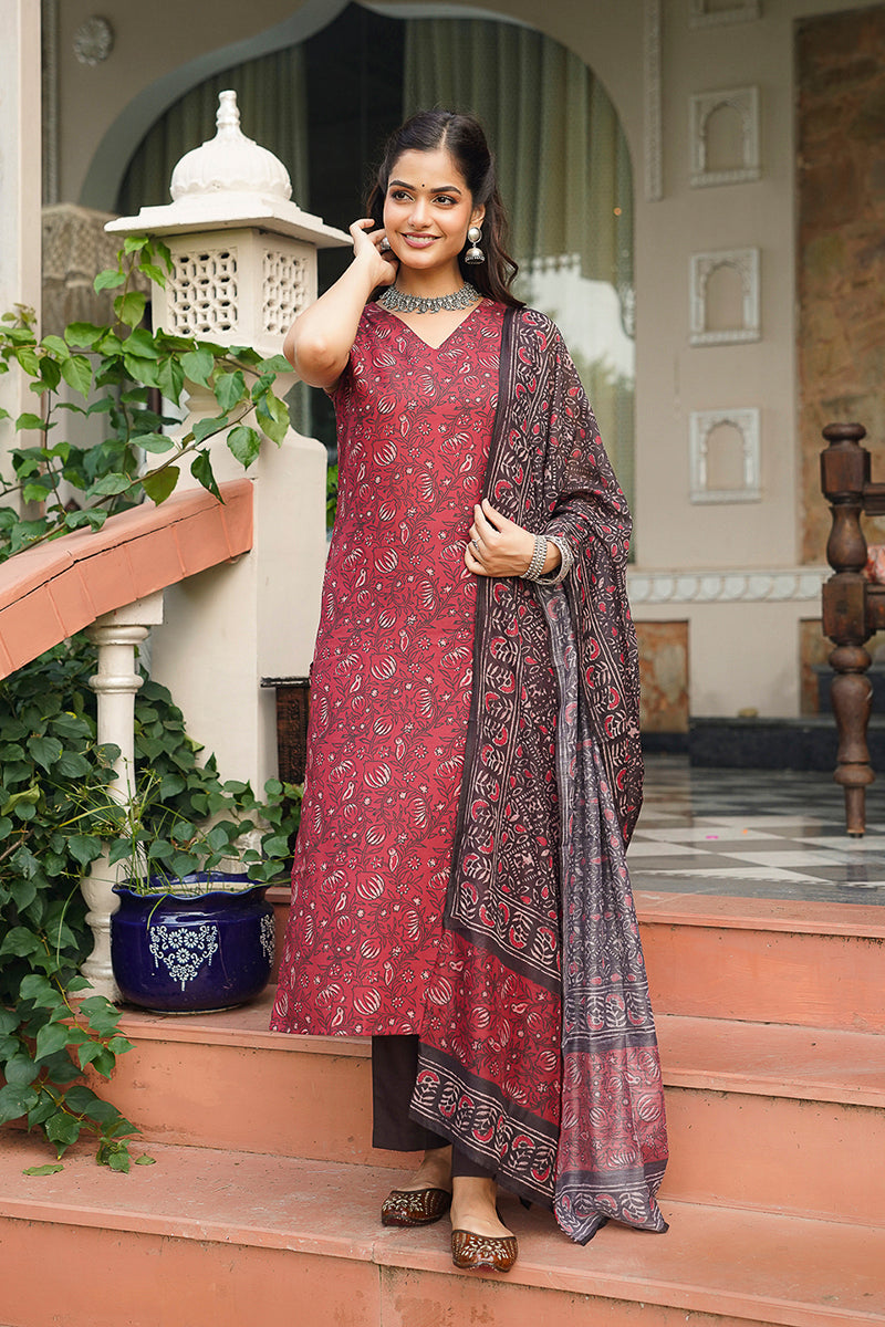 Maroon Cotton Blend Printed Straight Kurta Trousers With Dupatta VKSKD2408