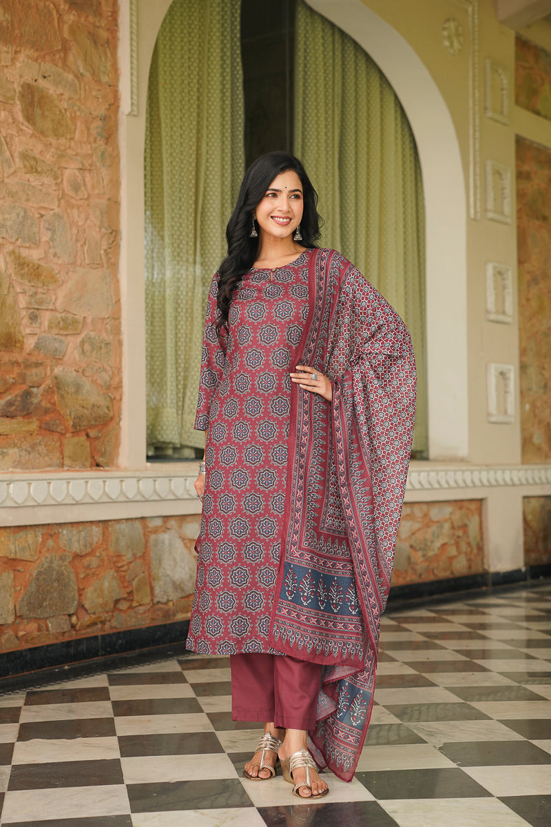 Maroon Cotton Blend Ajrakh Printed Straight Kurta Trousers With Dupatta VKSKD2409