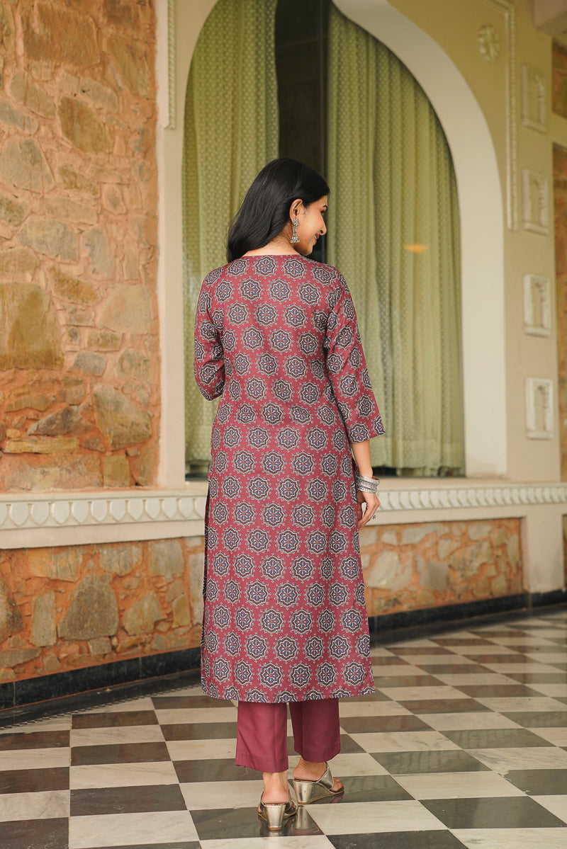 Maroon Cotton Blend Ajrakh Printed Straight Kurta Trousers With Dupatta VKSKD2409