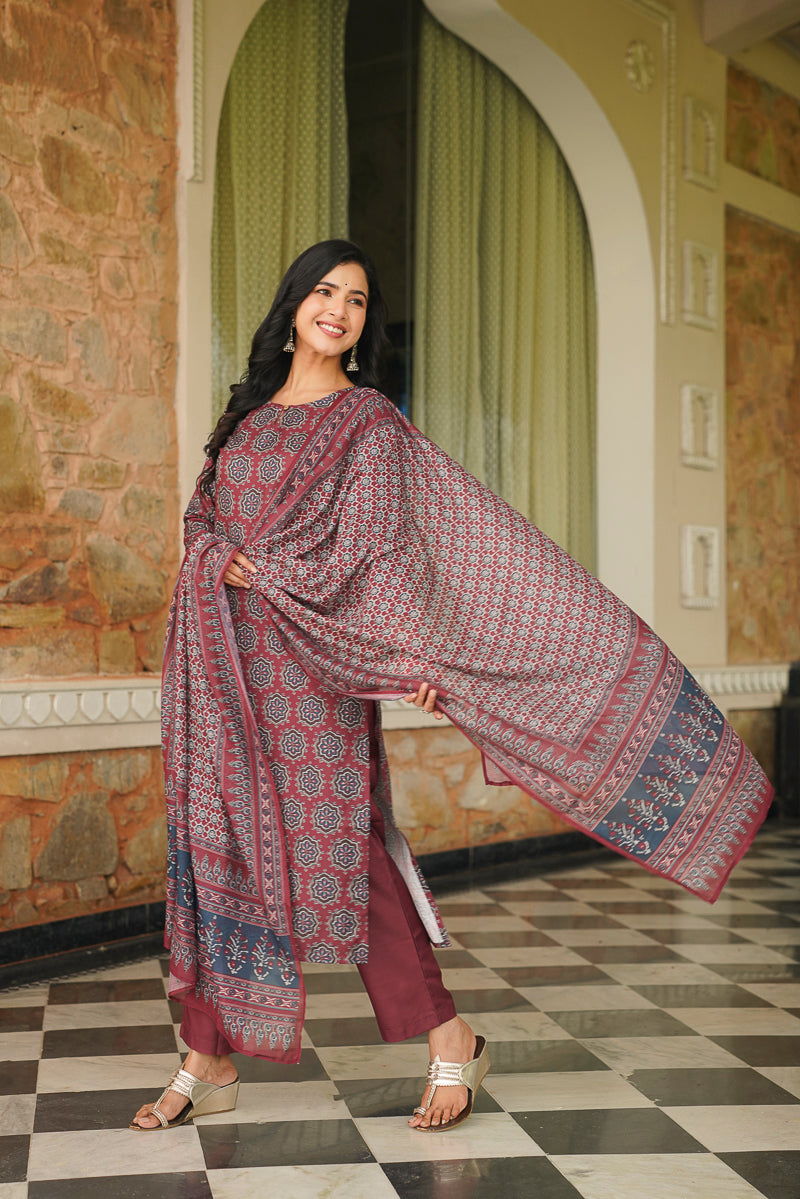 Maroon Cotton Blend Ajrakh Printed Straight Kurta Trousers With Dupatta VKSKD2409