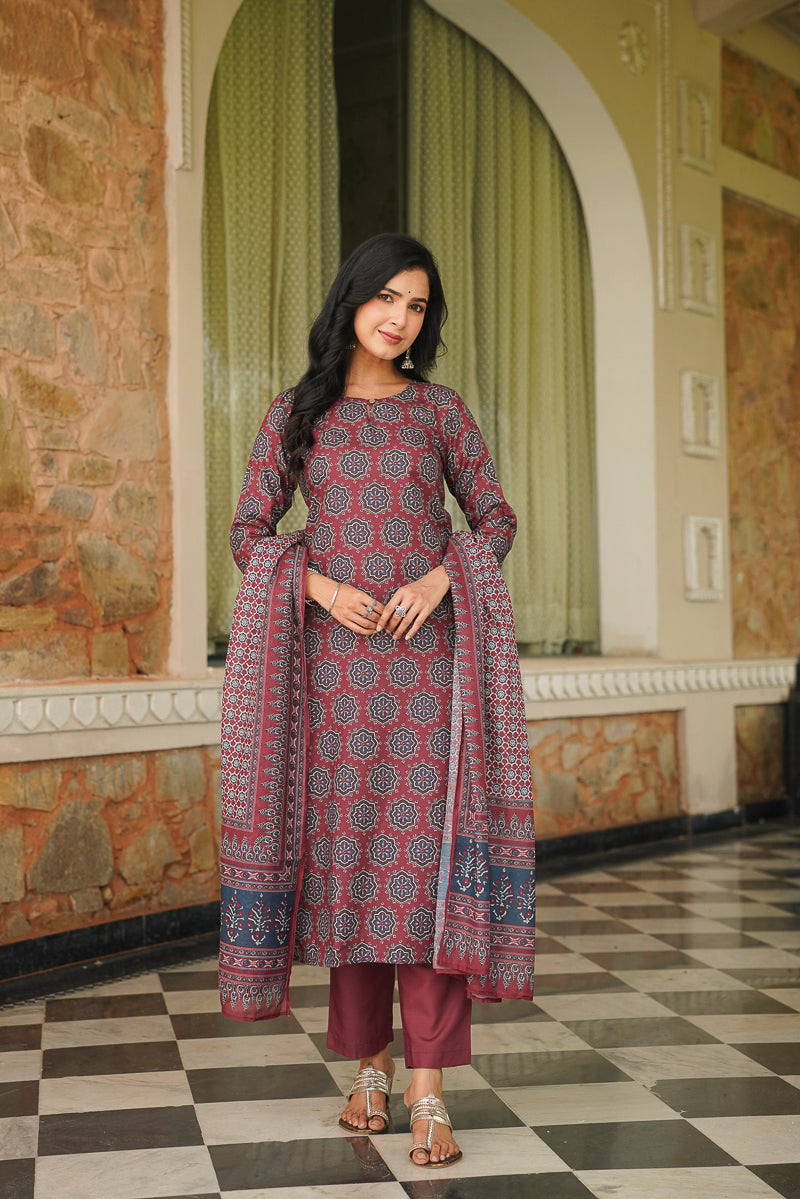 Maroon Cotton Blend Ajrakh Printed Straight Kurta Trousers With Dupatta VKSKD2409