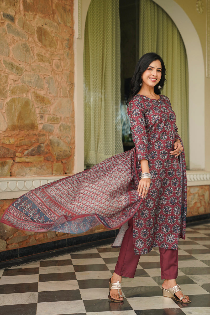 Maroon Cotton Blend Ajrakh Printed Straight Kurta Trousers With Dupatta VKSKD2409