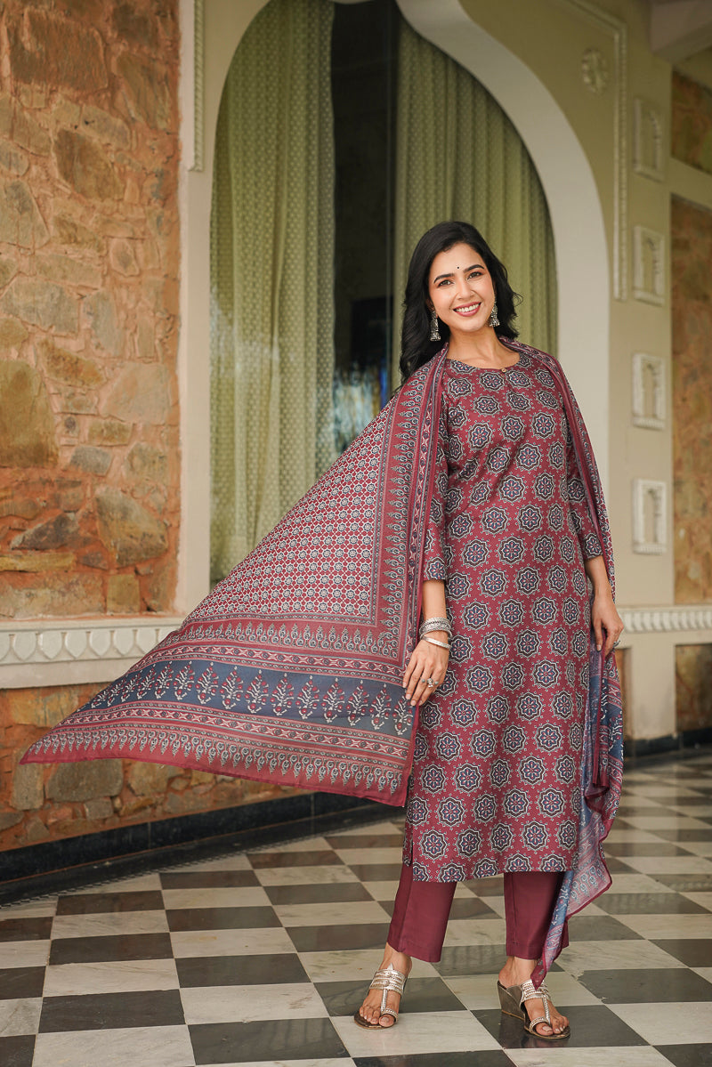 Maroon Cotton Blend Ajrakh Printed Straight Kurta Trousers With Dupatta VKSKD2409