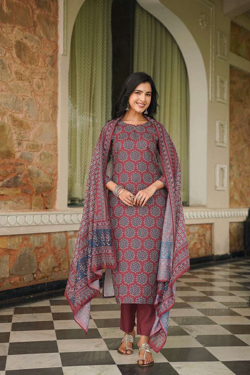 Maroon Cotton Blend Ajrakh Printed Straight Kurta Trousers With Dupatta VKSKD2409