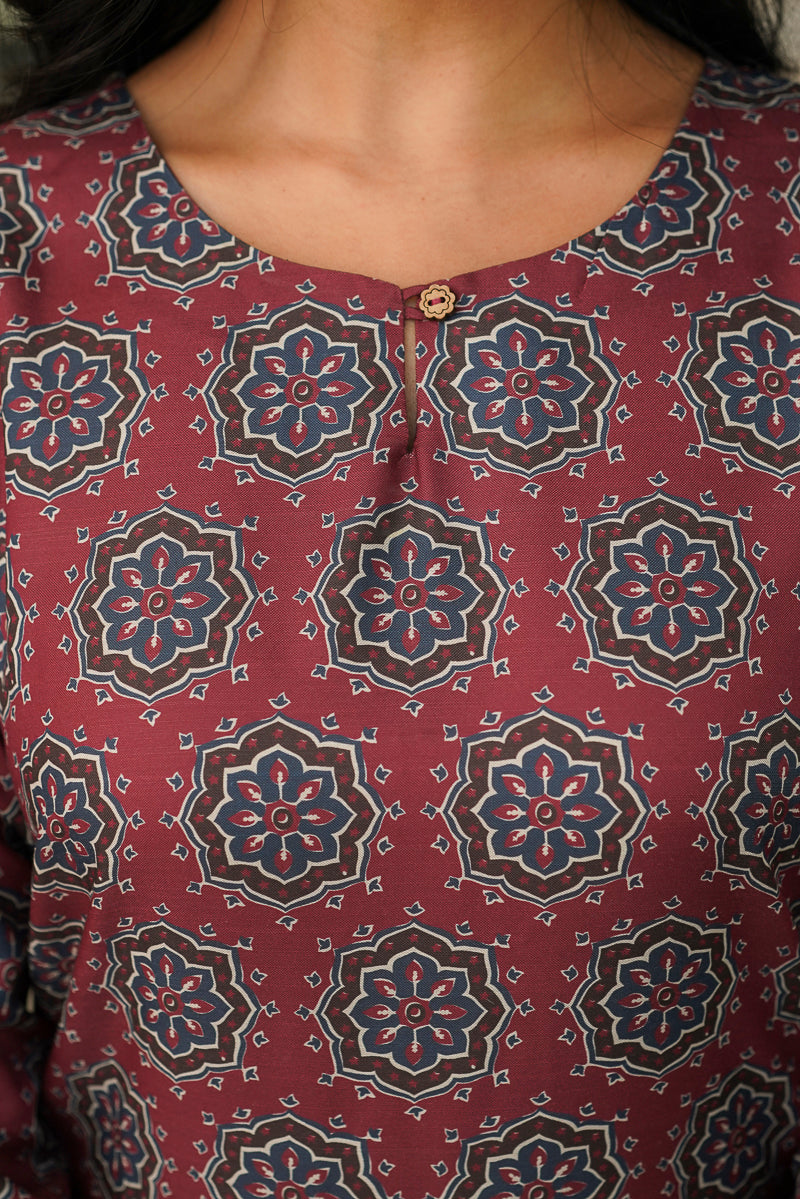 Maroon Cotton Blend Ajrakh Printed Straight Kurta Trousers With Dupatta VKSKD2409