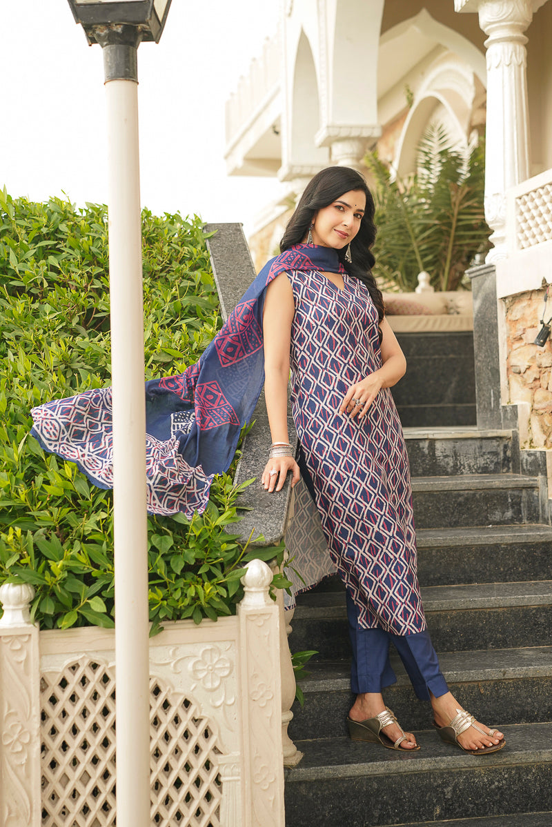 Blue Rayon Geometric Printed Straight Kurta Trousers With Dupatta VKSKD2410