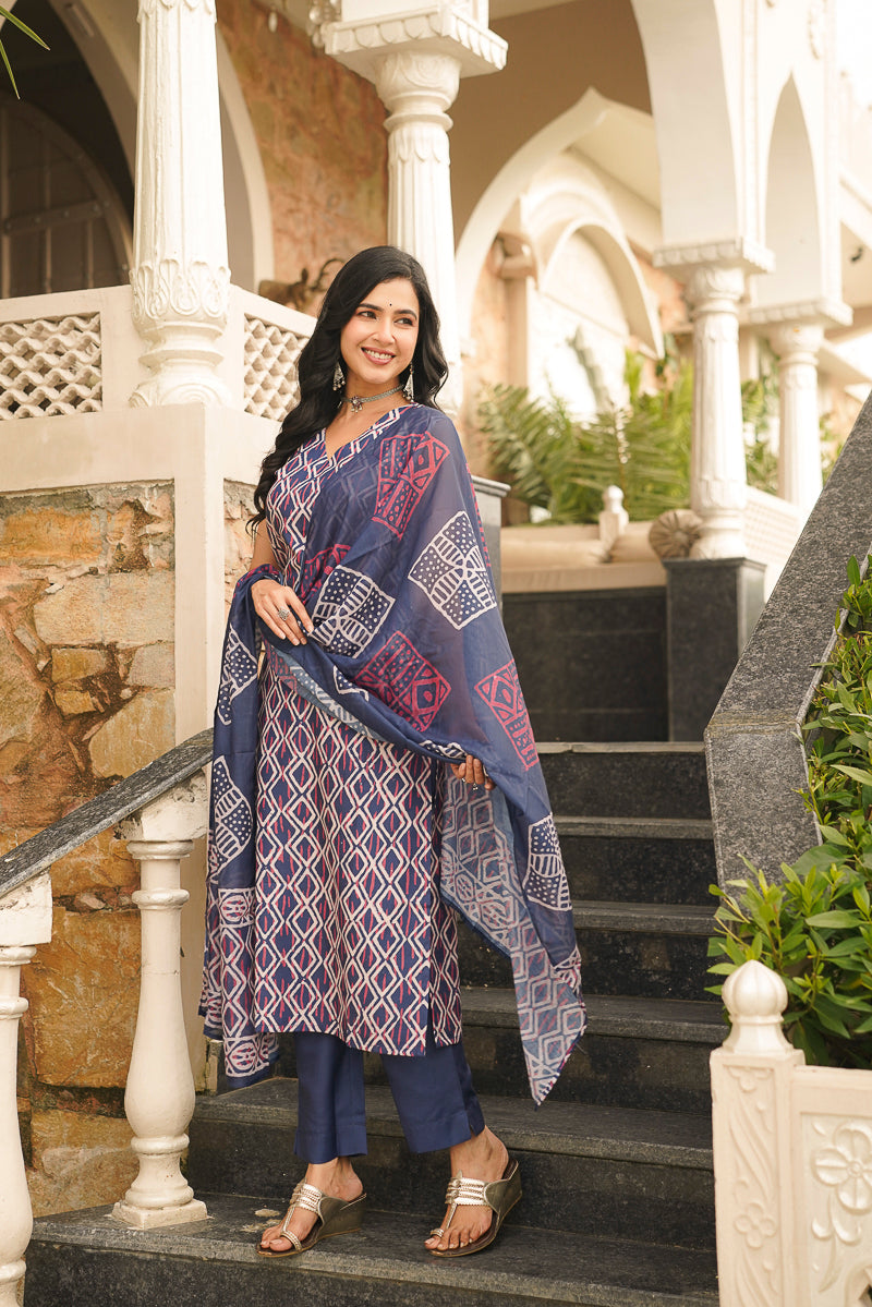 Blue Rayon Geometric Printed Straight Kurta Trousers With Dupatta VKSKD2410