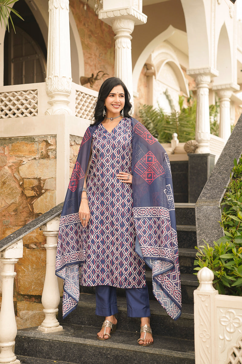Blue Rayon Geometric Printed Straight Kurta Trousers With Dupatta VKSKD2410