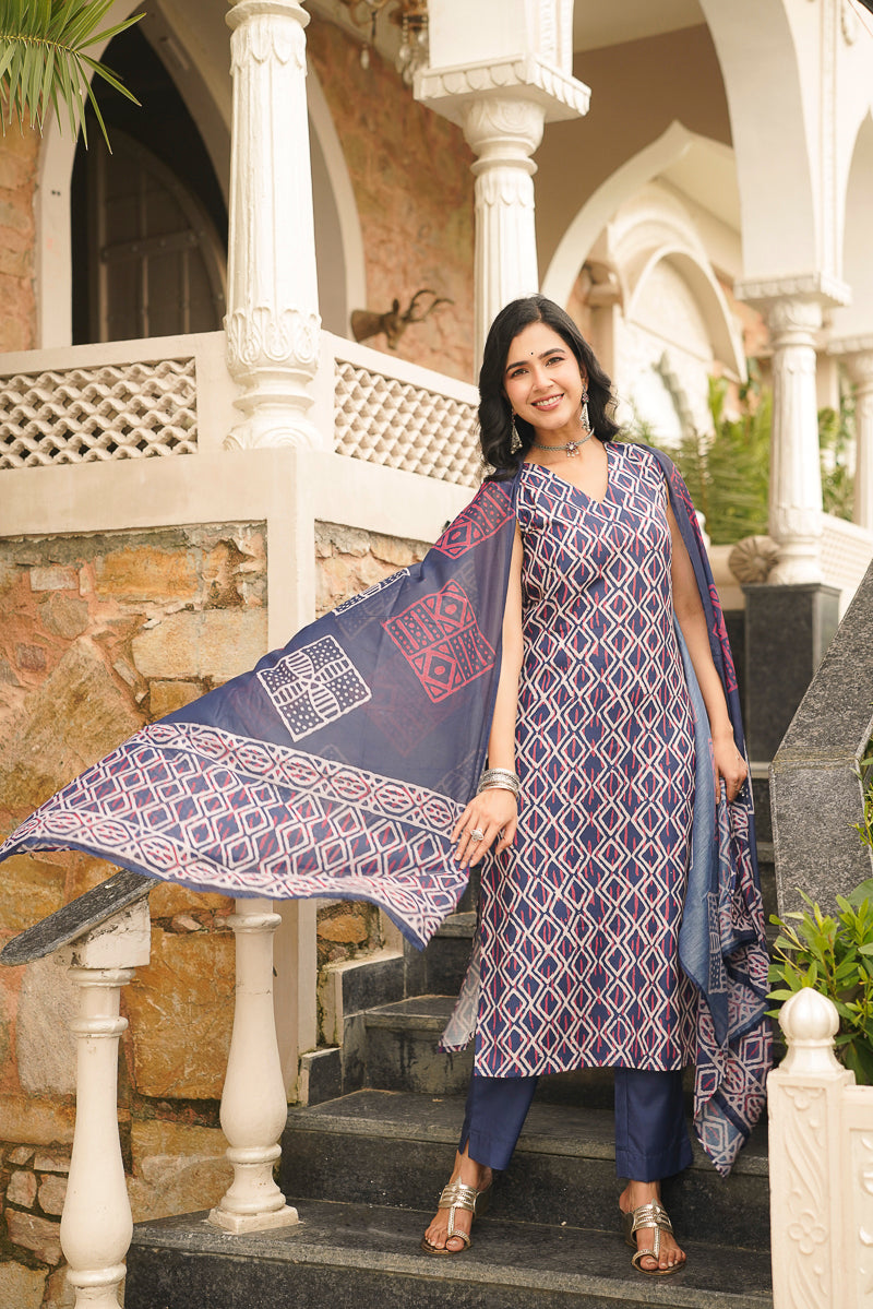 Blue Rayon Geometric Printed Straight Kurta Trousers With Dupatta VKSKD2410