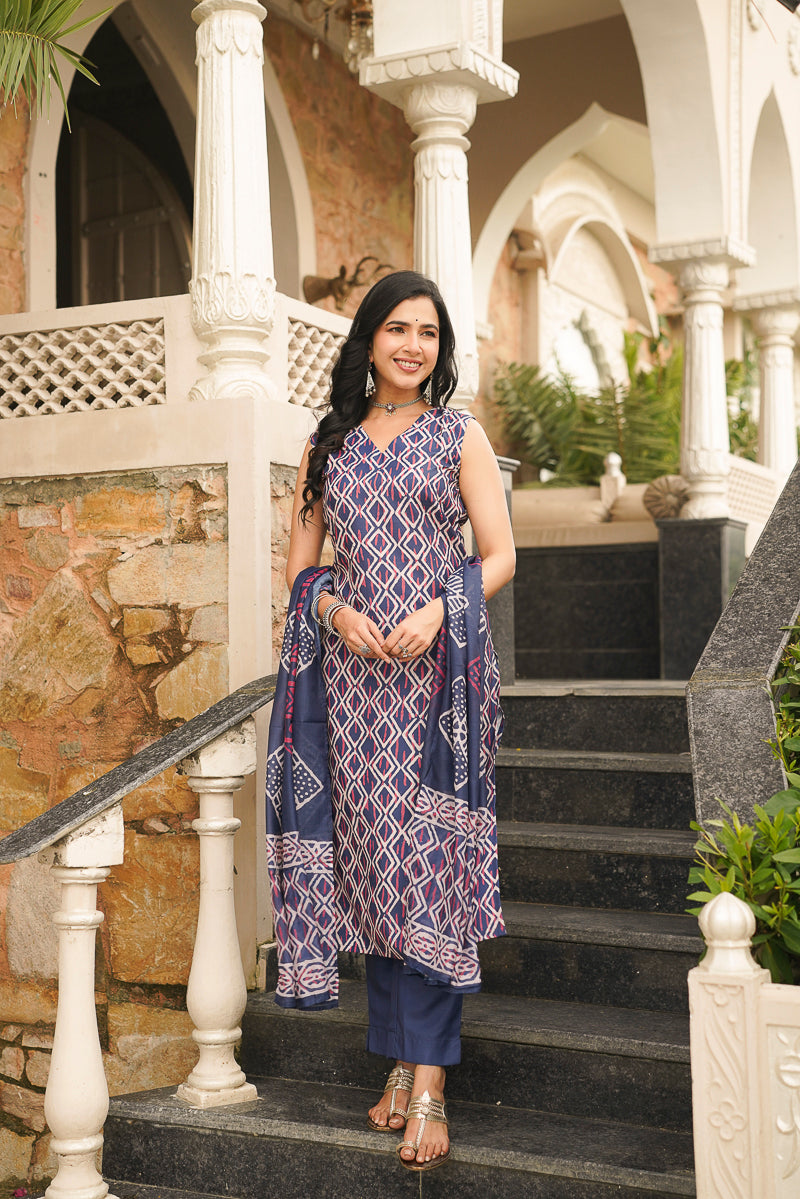 Blue Rayon Geometric Printed Straight Kurta Trousers With Dupatta VKSKD2410