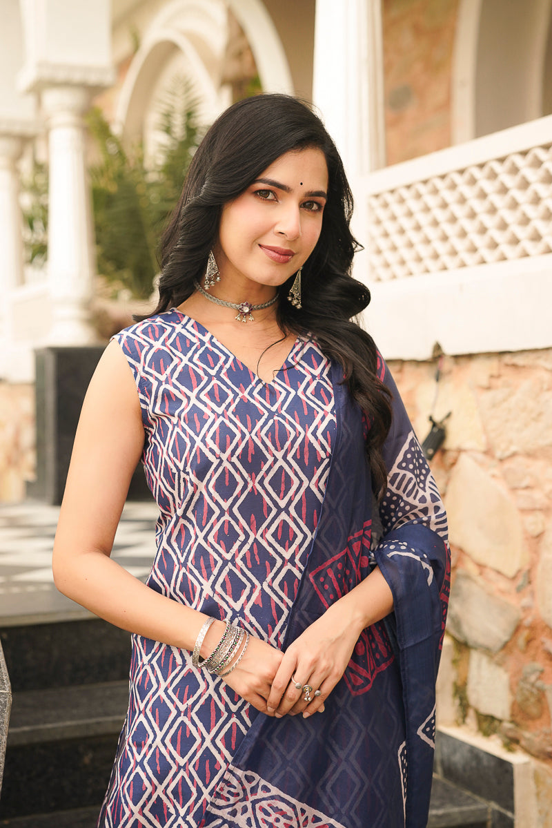 Blue Rayon Geometric Printed Straight Kurta Trousers With Dupatta VKSKD2410