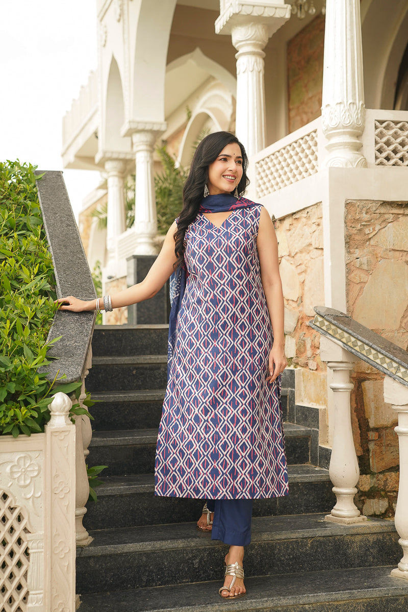 Blue Rayon Geometric Printed Straight Kurta Trousers With Dupatta VKSKD2410