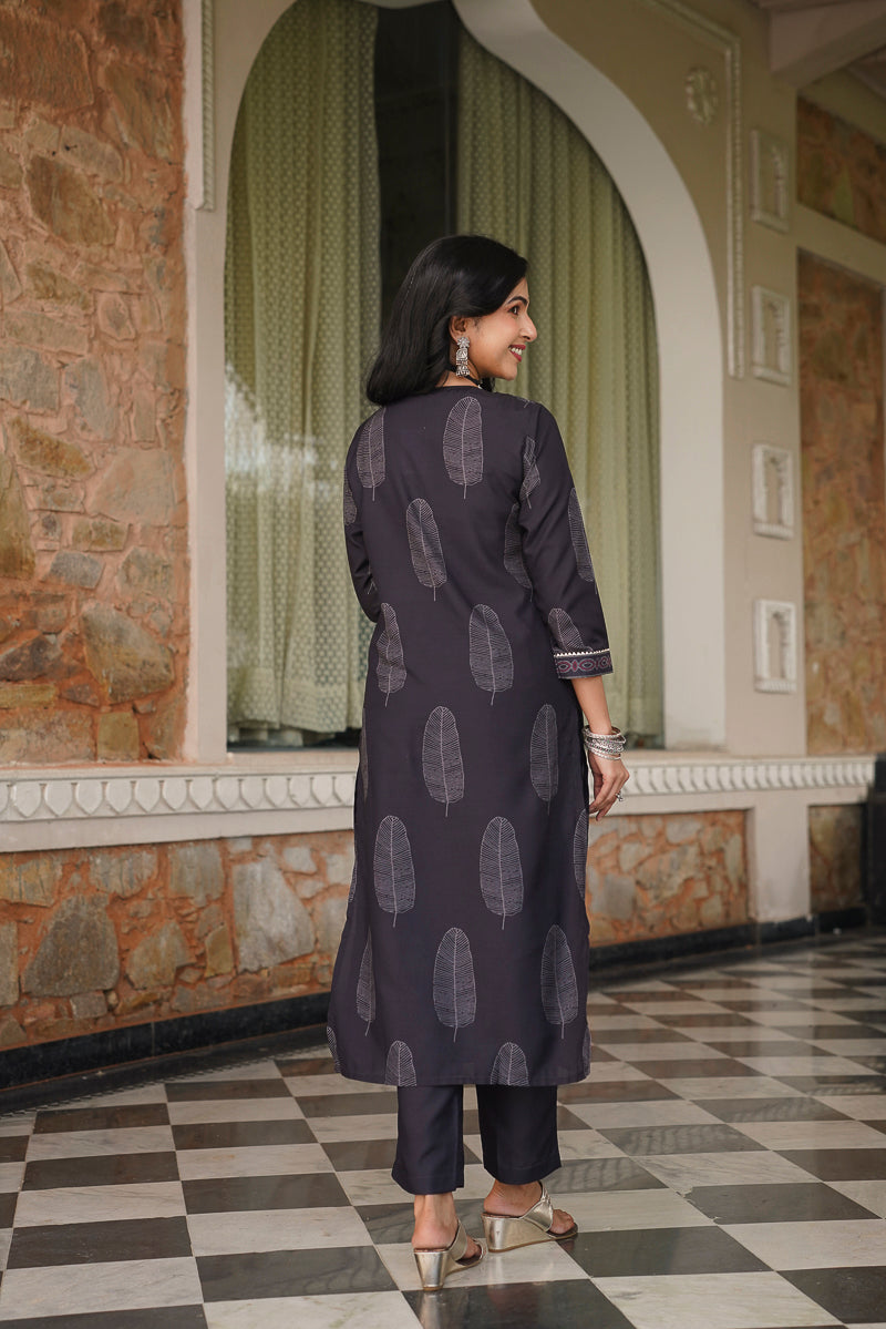 Black Cotton Blend Printed Straight Kurta Trousers With Dupatta VKSKD2411