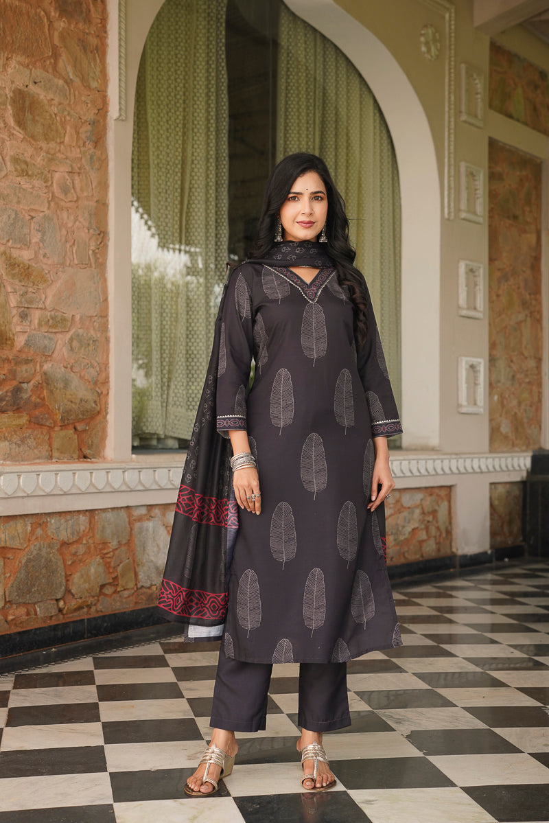 Black Cotton Blend Printed Straight Kurta Trousers With Dupatta VKSKD2411