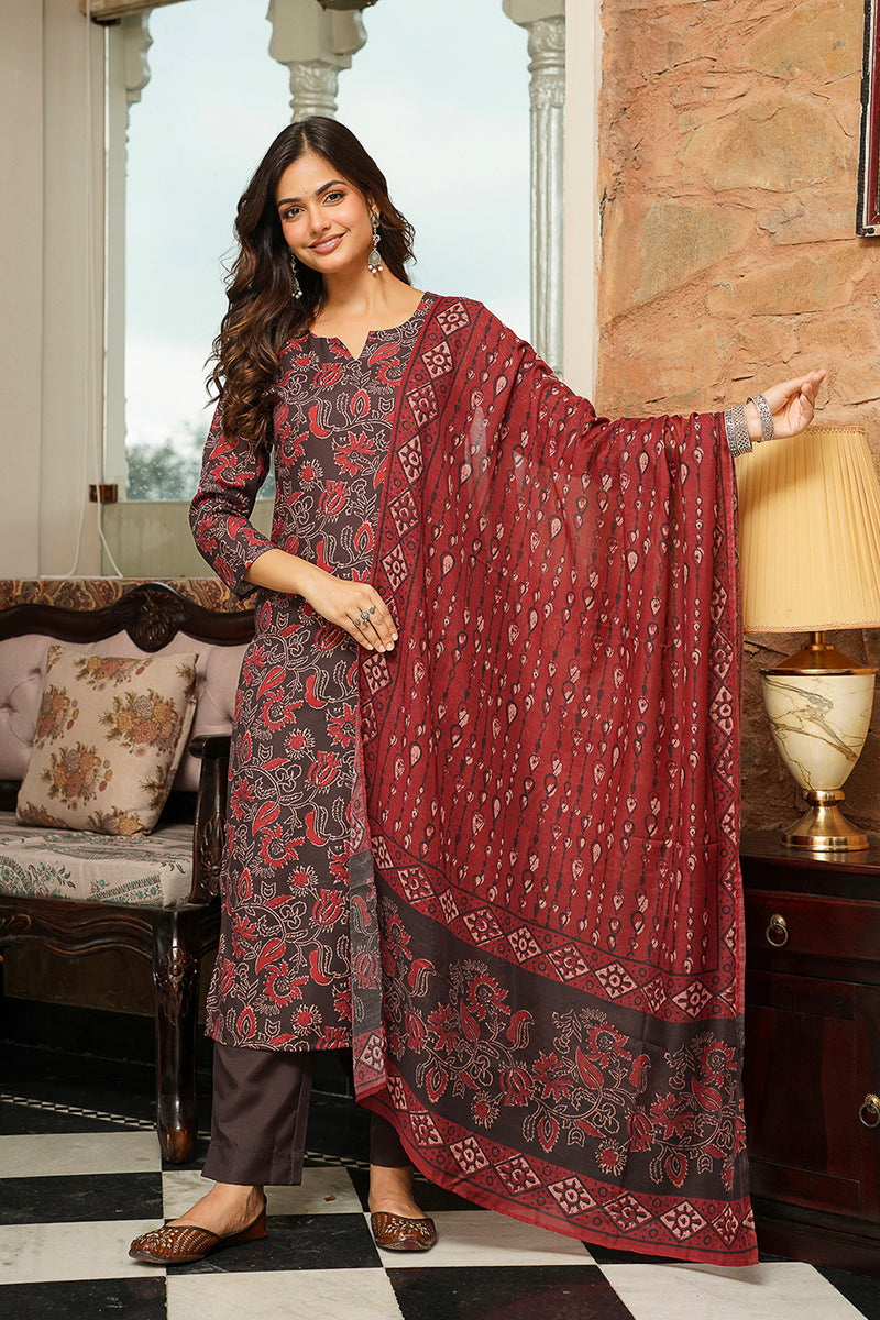 Brown Cotton Blend Floral Printed Straight Kurta Trousers With Dupatta VKSKD2413