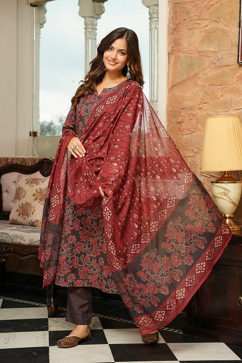 Brown Cotton Blend Floral Printed Straight Kurta Trousers With Dupatta VKSKD2413