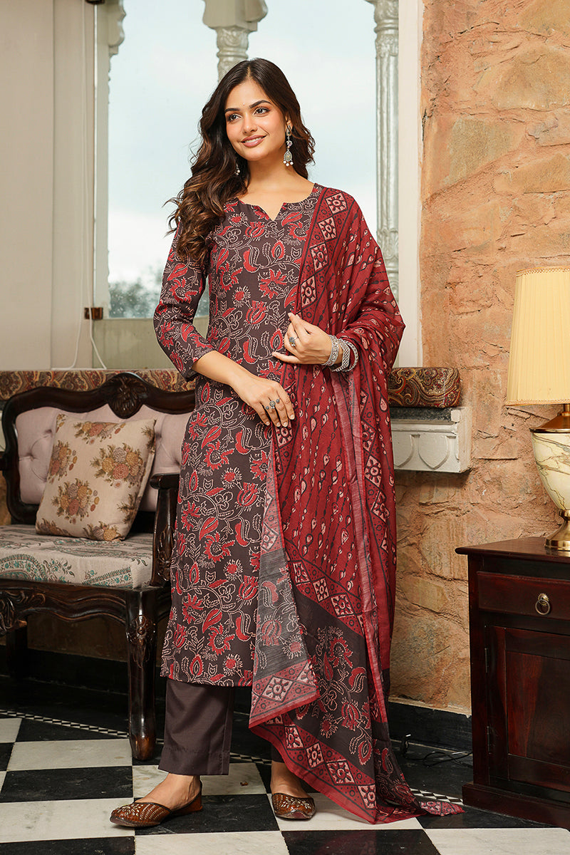 Brown Cotton Blend Floral Printed Straight Kurta Trousers With Dupatta VKSKD2413