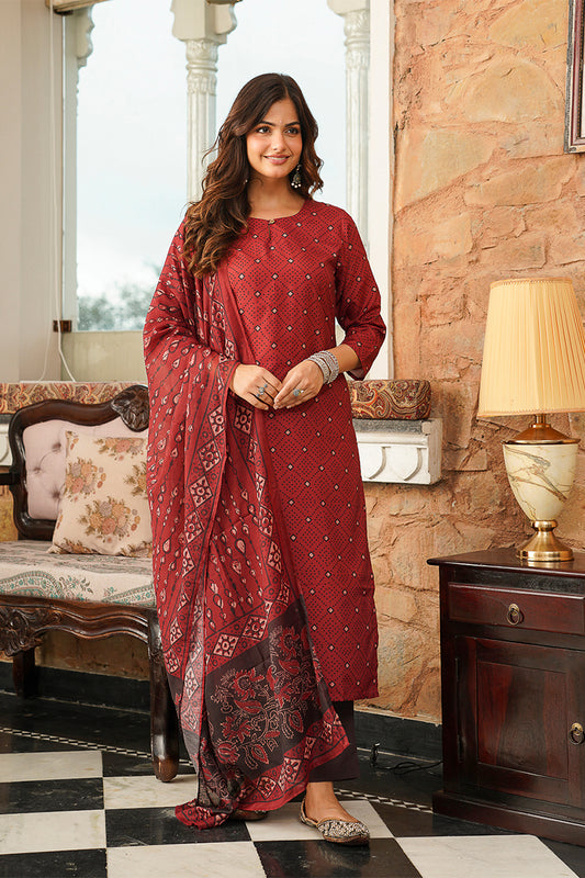 Red Cotton Blend Geometric Printed Straight Kurta Trousers With Dupatta VKSKD2414