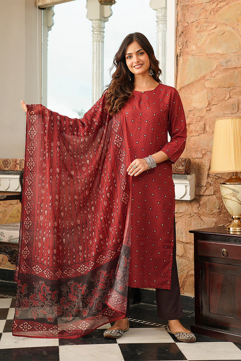 Red Cotton Blend Geometric Printed Straight Kurta Trousers With Dupatta VKSKD2414