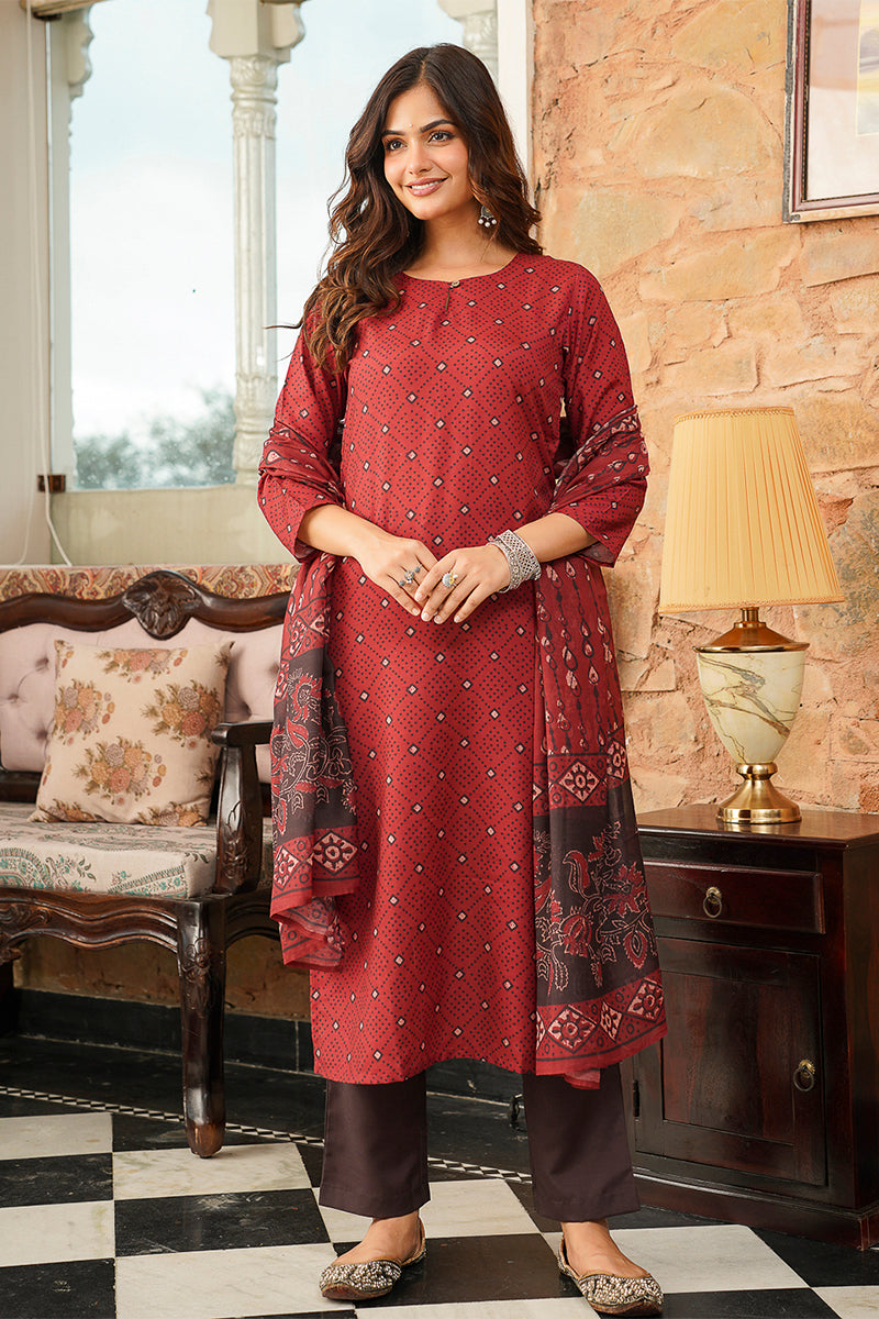 Red Cotton Blend Geometric Printed Straight Kurta Trousers With Dupatta VKSKD2414