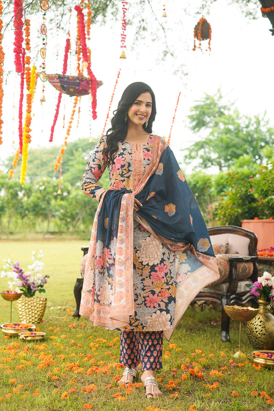 Blue Cotton Blend Floral Printed Straight Kurta Trousers With Dupatta VKSKD2415