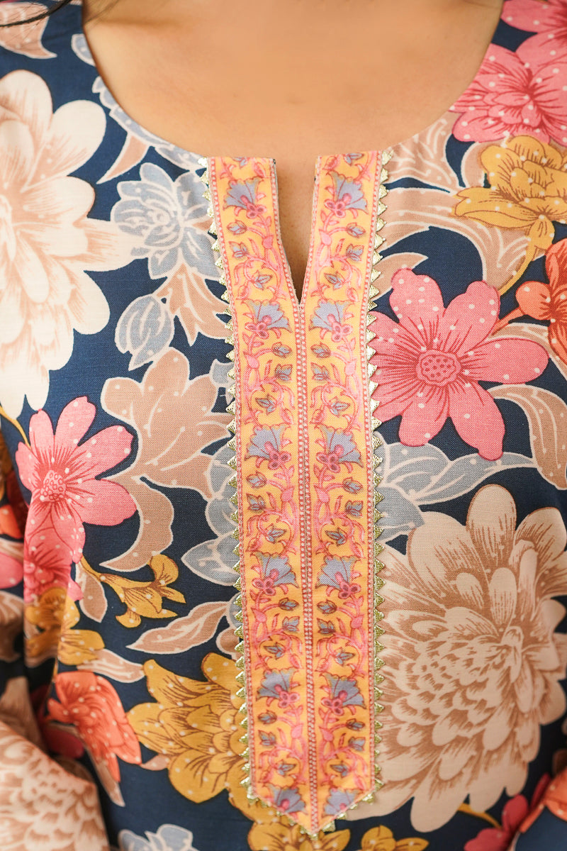 Blue Cotton Blend Floral Printed Straight Kurta Trousers With Dupatta VKSKD2415