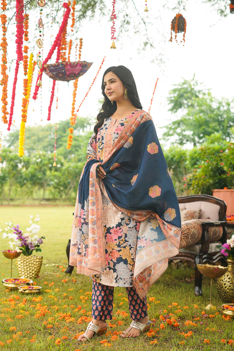 Blue Cotton Blend Floral Printed Straight Kurta Trousers With Dupatta VKSKD2415
