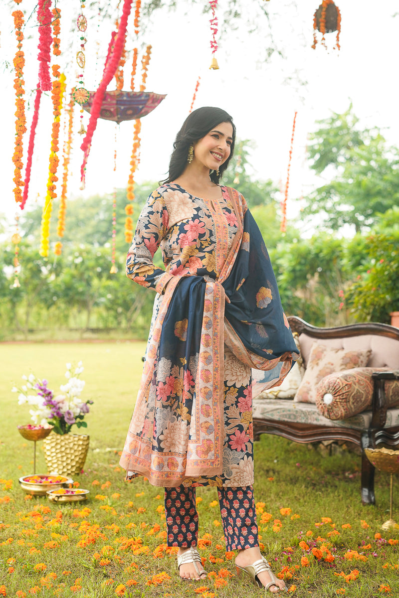 Blue Cotton Blend Floral Printed Straight Kurta Trousers With Dupatta VKSKD2415