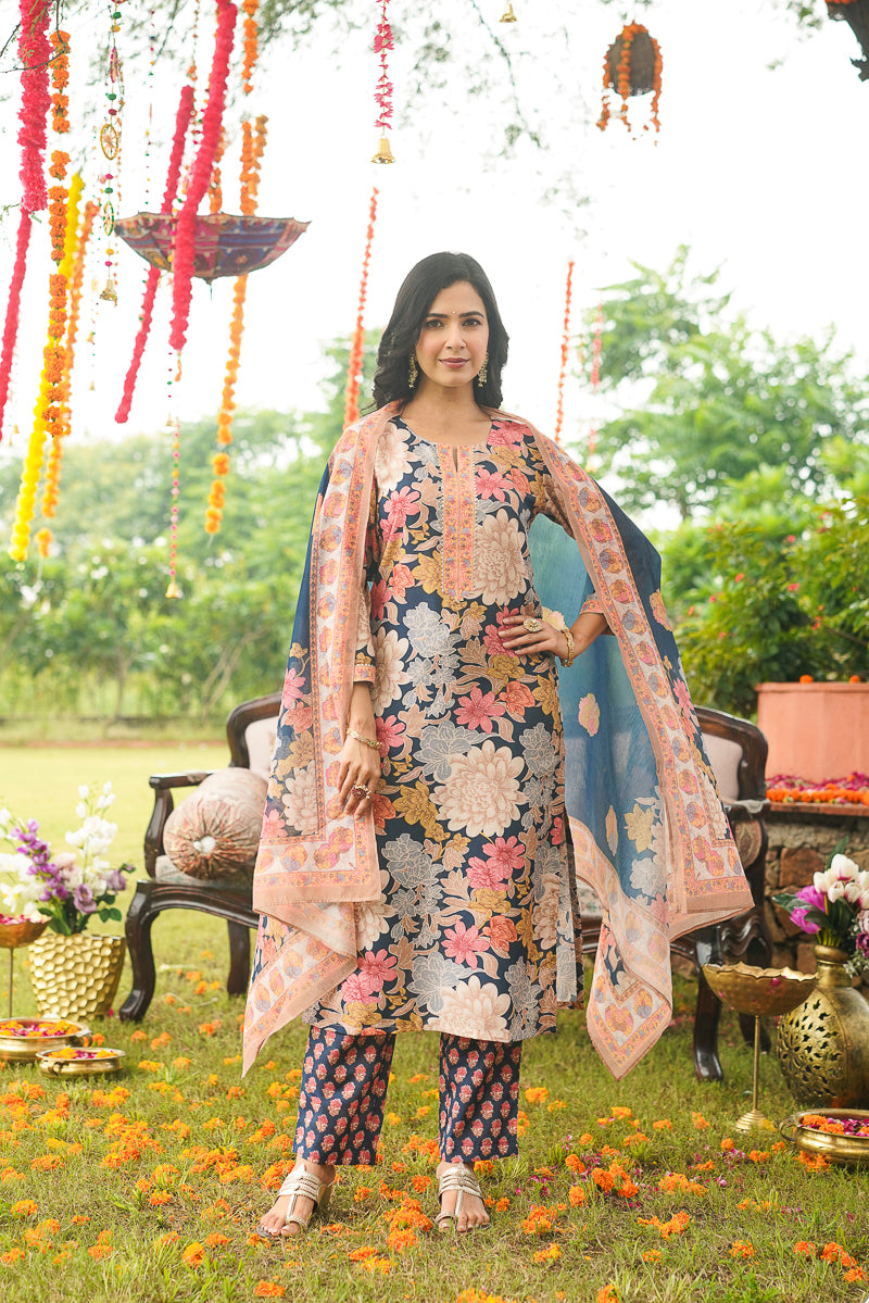 Blue Cotton Blend Floral Printed Straight Kurta Trousers With Dupatta VKSKD2415