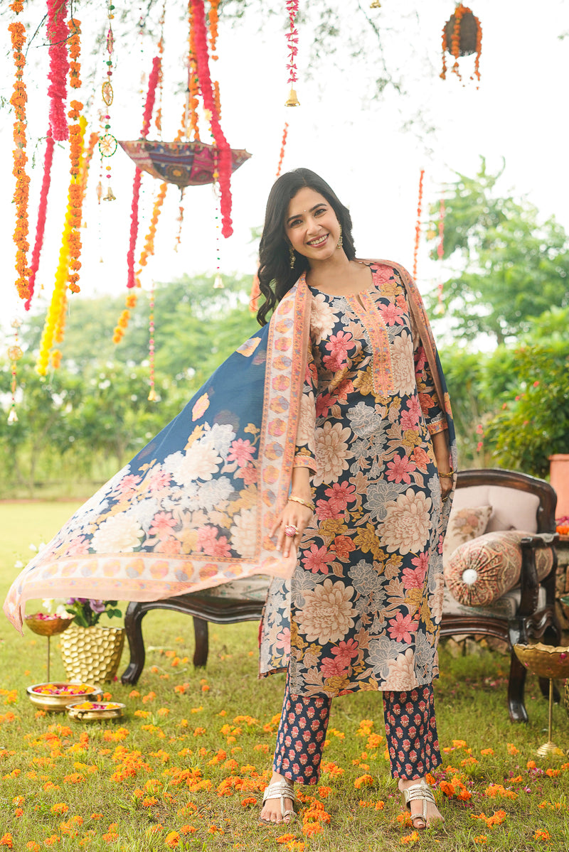 Blue Cotton Blend Floral Printed Straight Kurta Trousers With Dupatta VKSKD2415