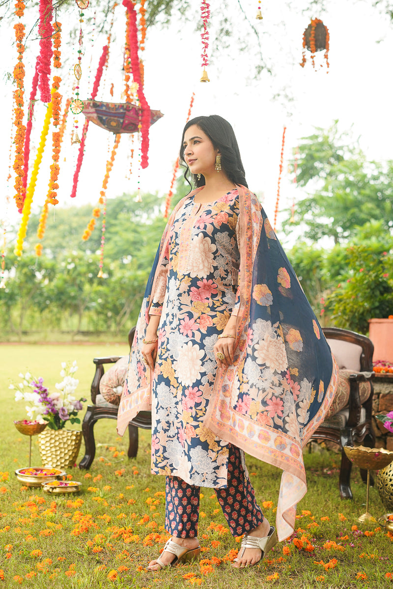 Blue Cotton Blend Floral Printed Straight Kurta Trousers With Dupatta VKSKD2415