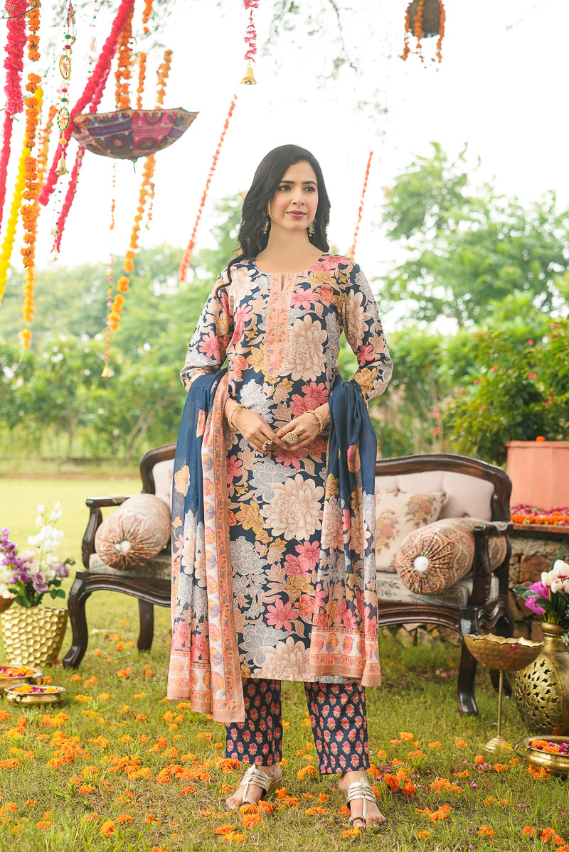 Blue Cotton Blend Floral Printed Straight Kurta Trousers With Dupatta VKSKD2415