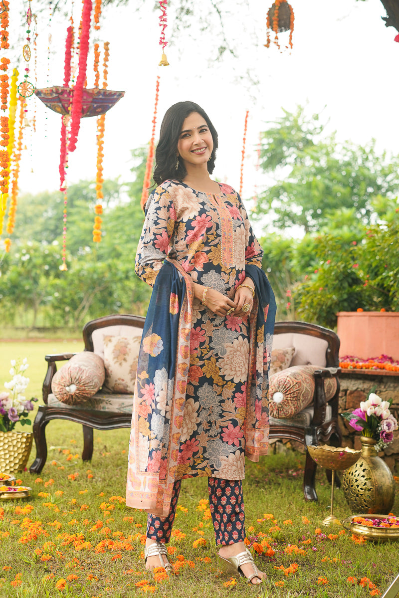 Blue Cotton Blend Floral Printed Straight Kurta Trousers With Dupatta VKSKD2415