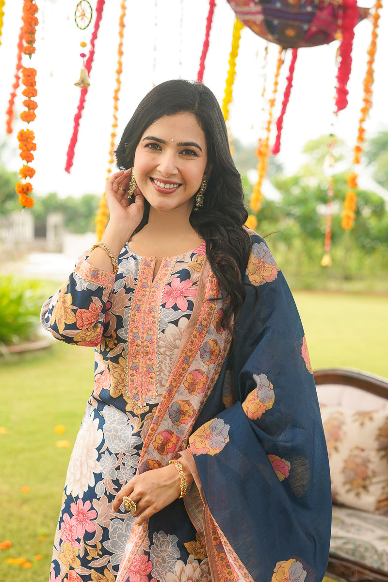Blue Cotton Blend Floral Printed Straight Kurta Trousers With Dupatta VKSKD2415