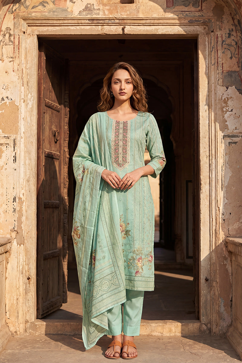 Teal Pure Cotton Ethnic Motifs Printed  Straight Kurta Sets VKSKD3200