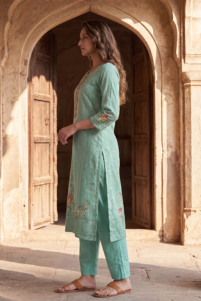 Teal Pure Cotton Ethnic Motifs Printed  Straight Kurta Sets VKSKD3200
